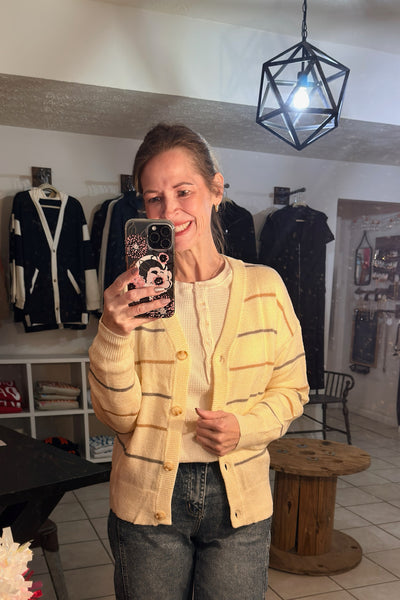 Creamy White Cardigan with Gray and Mocha Stripes