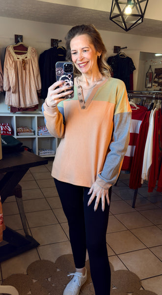 Colorblocked Thermal Waffle Knit Textured Henley Long Sleeve Top