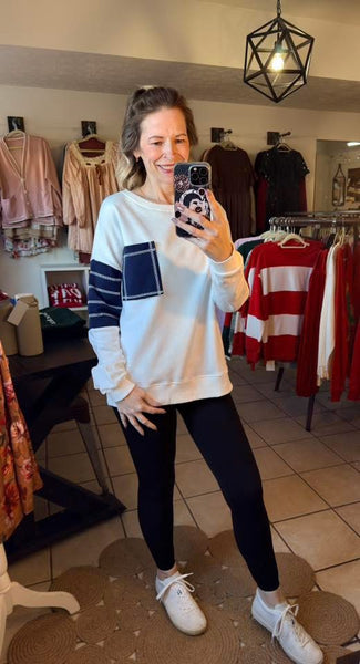Navy and White Colorblock Long Sleeve Top