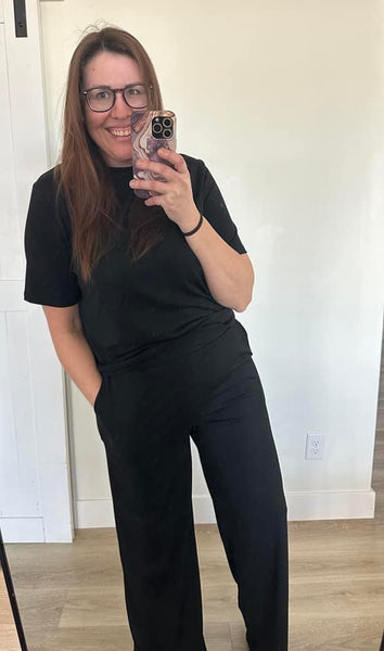 Black Short Sleeve Loungewear Pants Set