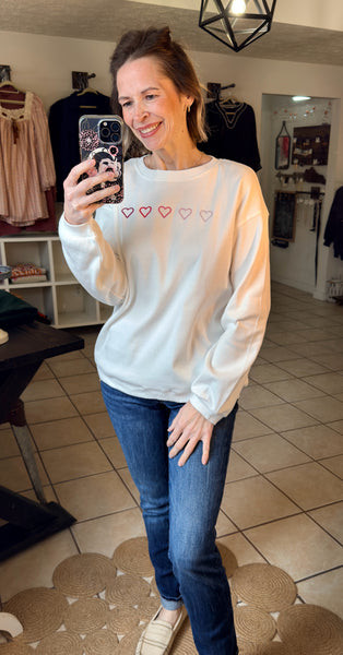 White Ribbed Pullover with Heart Embroidered Details