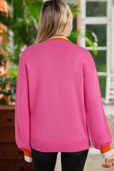Pink Contrast Trim Sweater with Pearl Embellishments