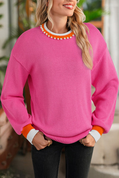 Pink Contrast Trim Sweater with Pearl Embellishments