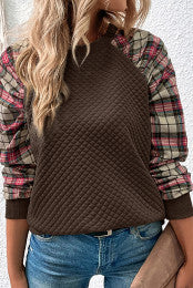 Brown Quilted Long Sleeve Top with Plaid Contrasting Sleeves