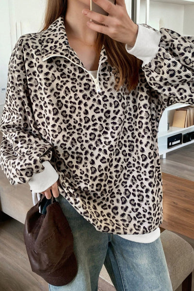 Leopard Print Corduroy Quarter Zip Pullover