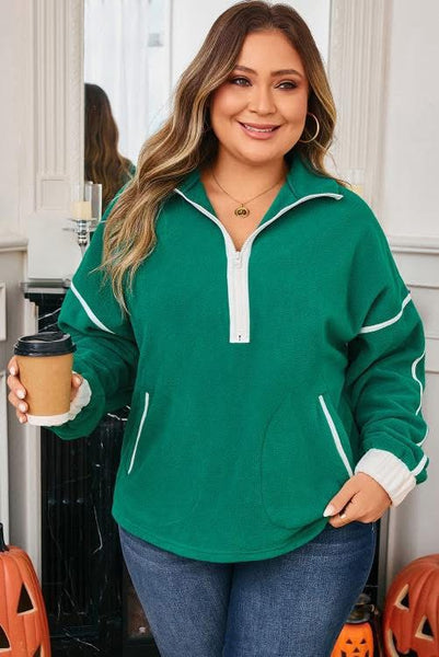 Green Fleece Half Zip Pullover with White Contrast Trim