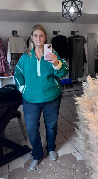 Green Fleece Half Zip Pullover with White Contrast Trim