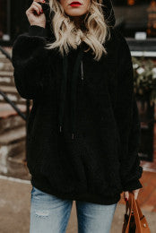 Black Furry Soft Hooded Pullover with Side Pockets