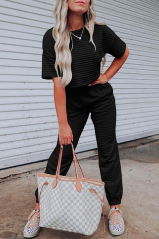 Black Quilted Cropped Top with High Rise Joggers Loungewear Set