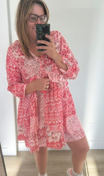 Pink and Red Floral Flowy Boho Dress