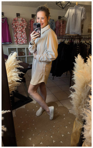 Beige Corduroy Button Up Long Sleeve Shirt Dress