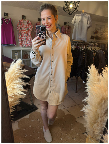 Beige Corduroy Button Up Long Sleeve Shirt Dress