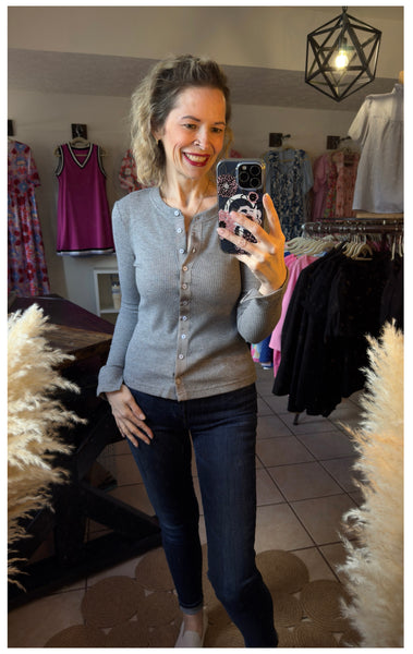 Dark Gray Ribbed Knit Button Down Slim Fit Cardigan