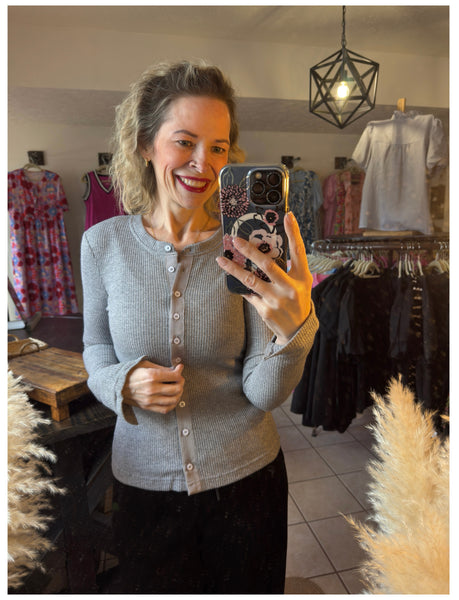 Dark Gray Ribbed Knit Button Down Slim Fit Cardigan