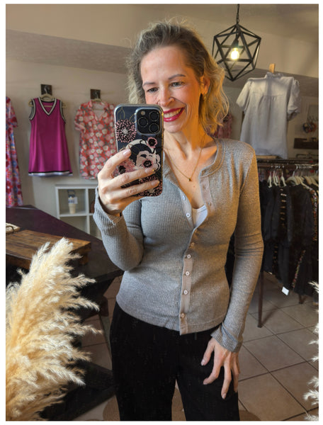 Dark Gray Ribbed Knit Button Down Slim Fit Cardigan