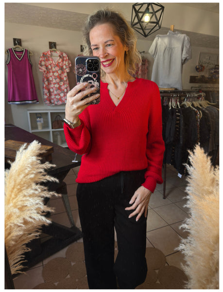 Red Textured Knit V-Neck Drop Shoulder Sweater