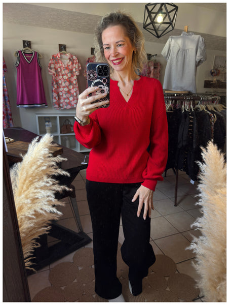 Red Textured Knit V-Neck Drop Shoulder Sweater