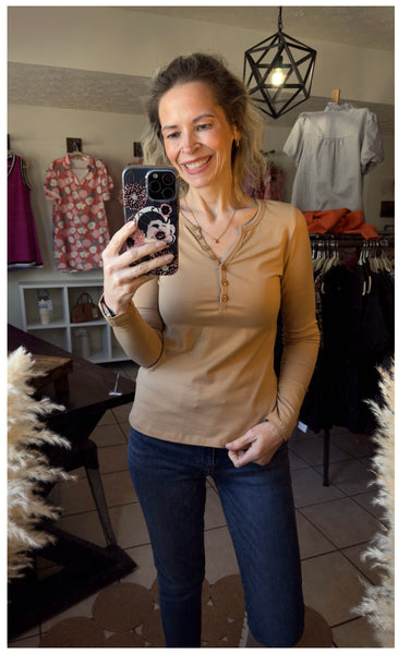 Pale Khaki Long Sleeve Half Button V-Neck Slim Fit Top