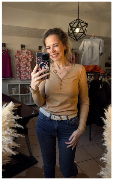 Pale Khaki Long Sleeve Half Button V-Neck Slim Fit Top