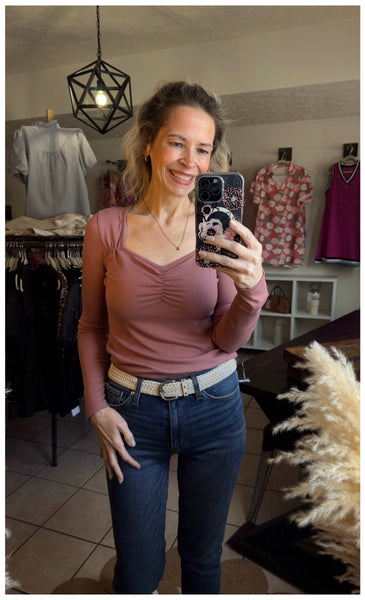 Vintage Rose Gathered Bust Square Neckline Ribbed Long Sleeve Top - Mauve - Sweetheart Neckline