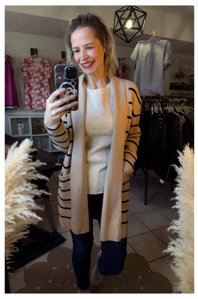 Black Striped Open Front Cardigan with Pockets