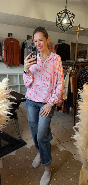 Pink Floral Quarter Zip Hooded Windbreaker Pullover with Kangaroo Pocket