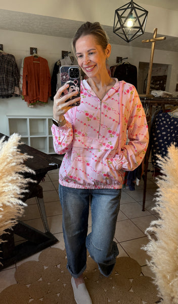 Pink Floral Quarter Zip Hooded Windbreaker Pullover with Kangaroo Pocket