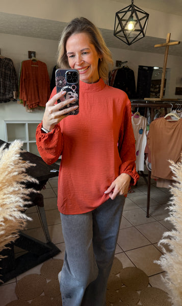 Rusty Orange Swiss Dot Long Sleeve Top