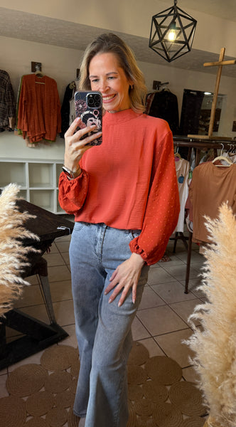 Rusty Orange Swiss Dot Long Sleeve Top