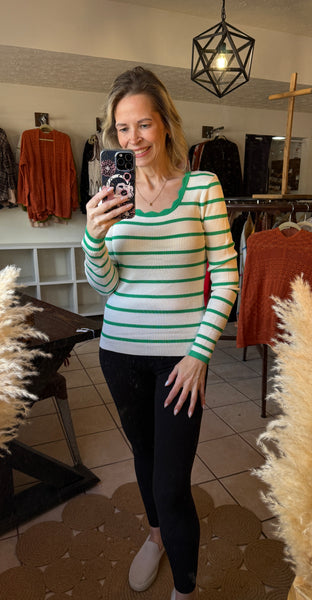 Green Striped Long Sleeve Ribbed Top with Scalloped Neckline Trim