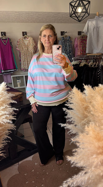 Curvy Sky Blue Striped Crewneck Sweatshirt Pullover - Colorblock