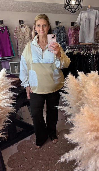 Curvy Khaki Stripe Colorblocked Half Zip Pullover with Pockets