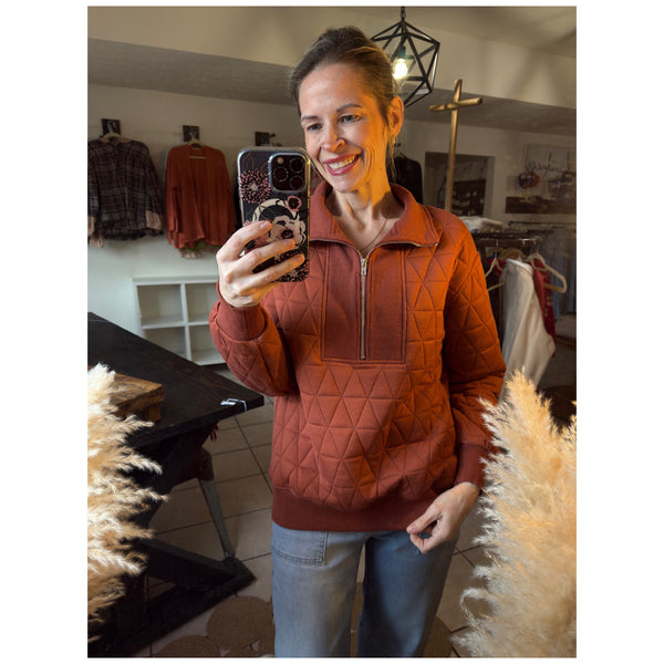 Rust Brown Quilted Half Zip Pullover