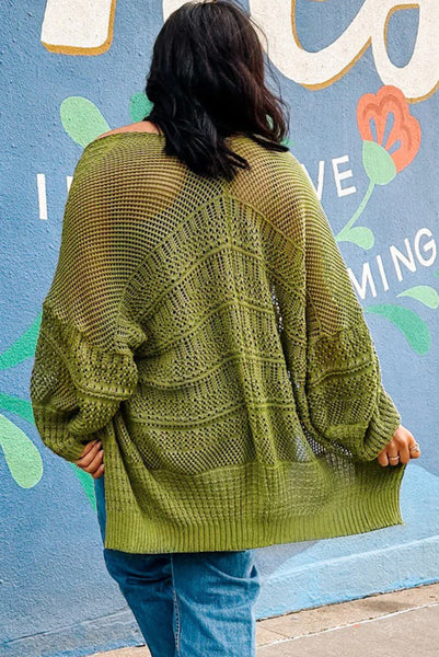 Green Open Front Hollow Knit Lightweight Cardigan