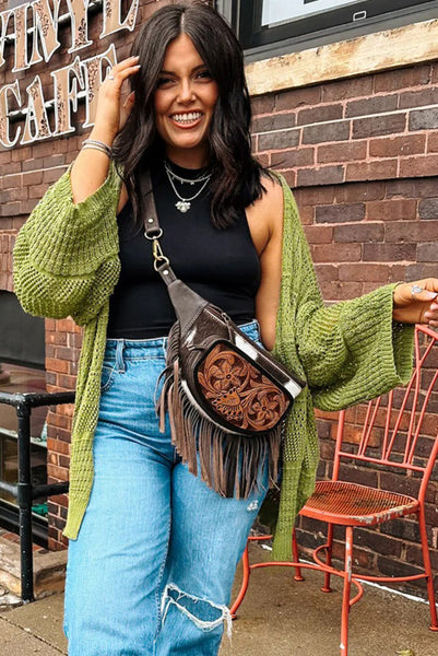 Green Open Front Hollow Knit Lightweight Cardigan