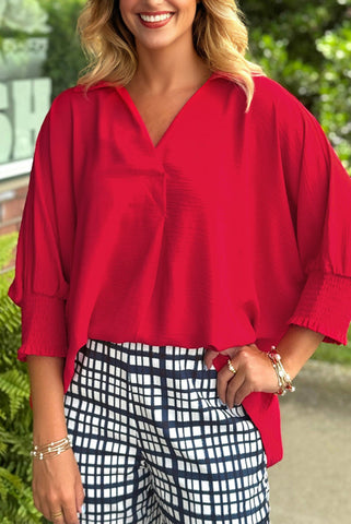 Red V-Neck 3/4 Sleeve Flowy Top