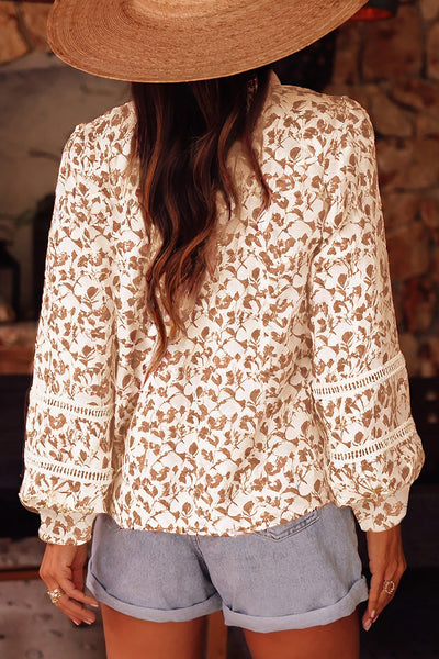 Khaki and Rust Leaf Print Long Sleeve Button Up Top with Lace Details