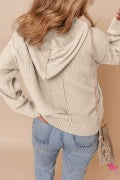 Oatmeal Button Up Cable Knit Hooded Cardigan with High-Low Hemline - Chic - Boho