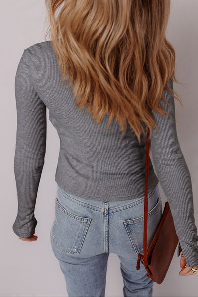 Dark Gray Ribbed Knit Button Down Slim Fit Cardigan