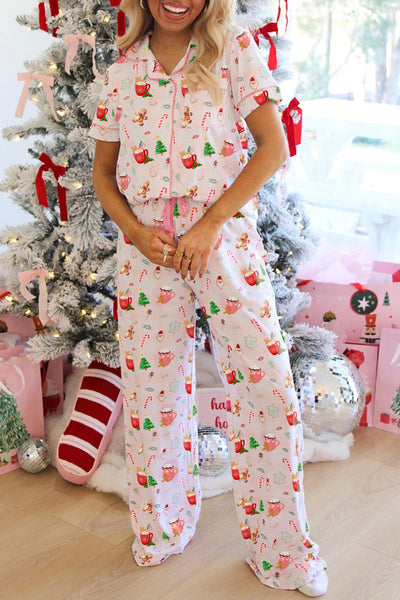 Christmas Spirit Print Short Sleeve Shirt and Pants Loungewear Set