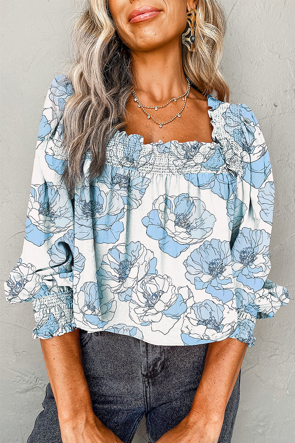 Sky Blue Floral Smocked Blouse