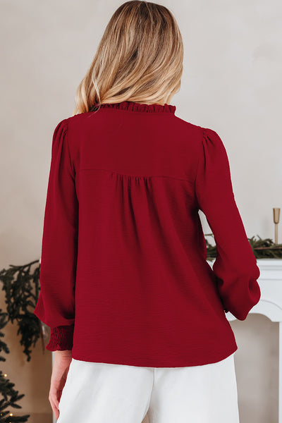 Burgundy Notched V-Neck Shirred Cuff Long Sleeve Top