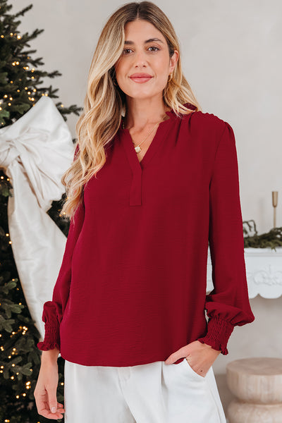 Burgundy Notched V-Neck Shirred Cuff Long Sleeve Top