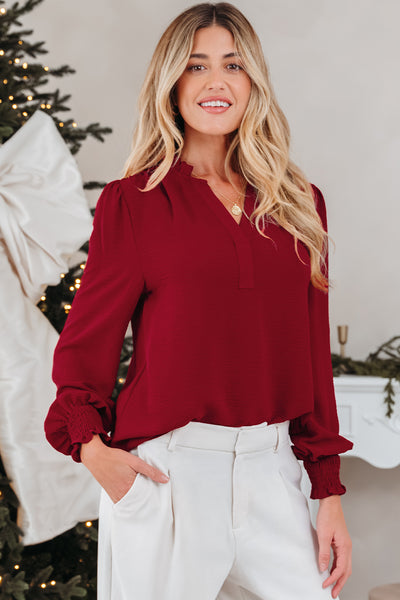 Burgundy Notched V-Neck Shirred Cuff Long Sleeve Top