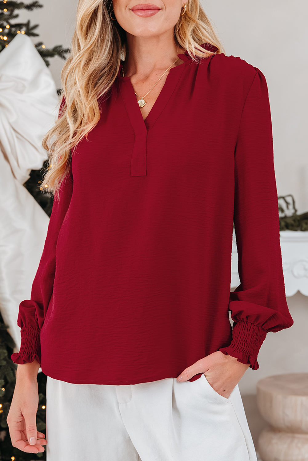 Burgundy Notched V-Neck Shirred Cuff Long Sleeve Top