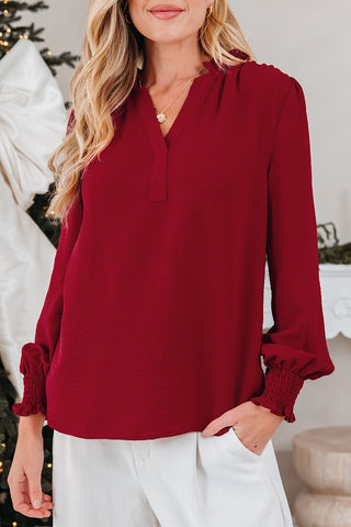 Burgundy Notched V-Neck Shirred Cuff Long Sleeve Top