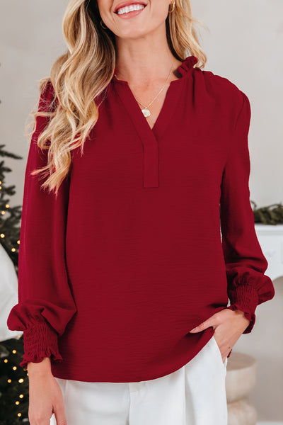 Burgundy Notched V-Neck Shirred Cuff Long Sleeve Top
