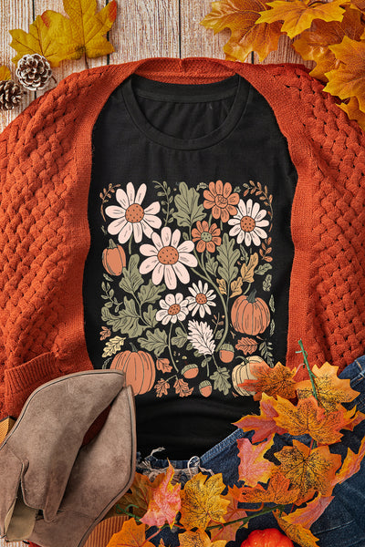 Black Wildflower and Pumpkin Print Fall Tee
