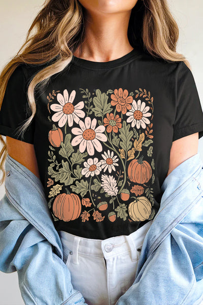 Black Wildflower and Pumpkin Print Fall Tee