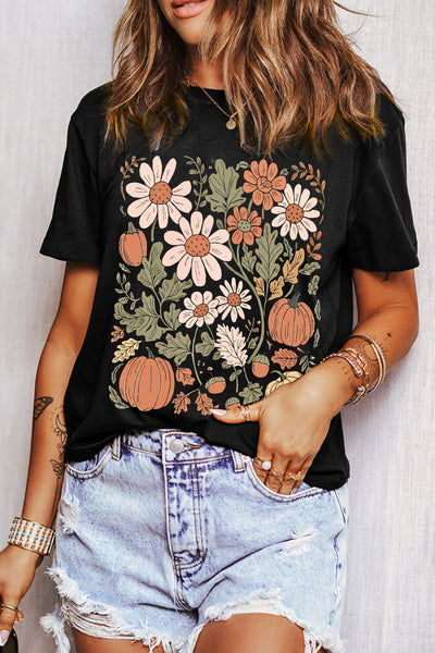 Black Wildflower and Pumpkin Print Fall Tee